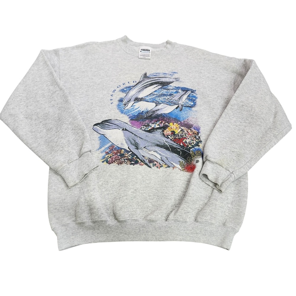 Vintage Tultex Sweatshirt Mens Large Gray SeaWorld Dolphins Graphic Pullover